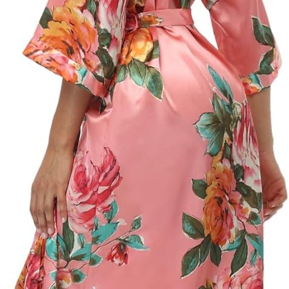 Women's Floral Kimono Robes Bridal Party Satin Long Length Bathrobes Silk Sleepw - Picture 5 of 6